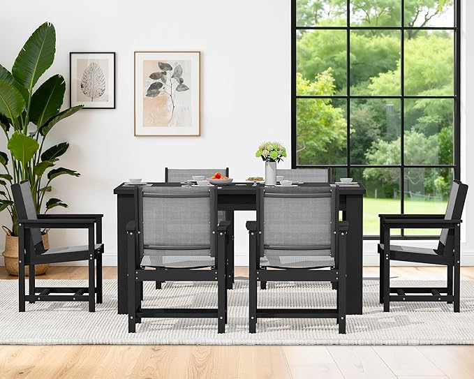 SERWALL Outdoor Dining Sets for 4 with 1 Umbrella Hole Cut-Out Rectangular Table and 4 Textilene Chairs, Patio Dining Table Sets for Garden, Backyard, Poolside, Black