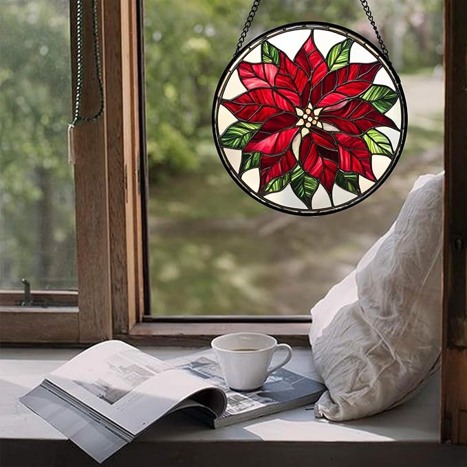 Stained Glass Window Hanging - Red Poinsettia Birth Flower Suncatcher for Door Garden Yard Sun Catchers Decor Christmas Mother's Day Birthday Gifts for Women Mom Nana Friend Men 15 in