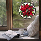 Stained Glass Window Hanging - Red Poinsettia Birth Flower Suncatcher for Door Garden Yard Sun Catchers Decor Christmas Mother's Day Birthday Gifts for Women Mom Nana Friend Men 9.8 in