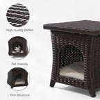 Outdoor Wicker Side Table, Patio Side Table with Thick Cushion for Pet Cats, PE Wicker End Table for Balcony Porch Deck