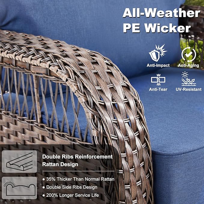 9 Pieces Patio Furniture Set Outdoor Sectional Sofa Couch with Rocking Swivel Chairs 5" Deep Seat Chairs, Modern Wicker Rattan Conversation Set, Blue/Brown Wicker