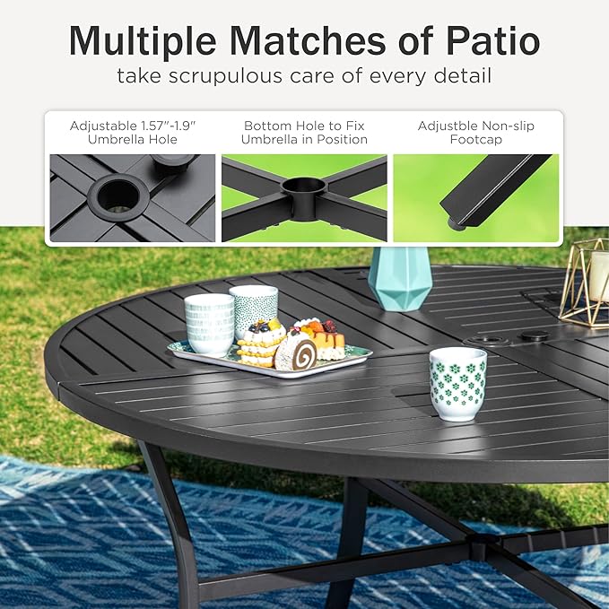 PHI VILLA 5 pcs Patio Round Dining Table and Chairs,Textilene Dining Chairs Sturdy and Durable and Round Metal Table with Umbrella Hole,Black Frame with E-Coating for Lawn,Garden