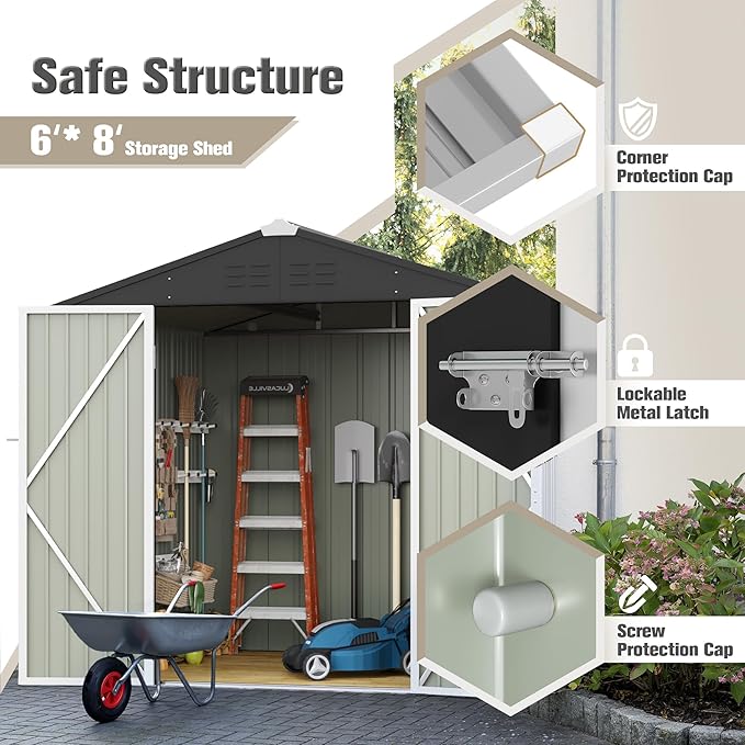 JUMMICO Metal Outdoor Storage Shed 6 x 8 FT Metal Shed with Lockable Door,Waterproof Garden Tool Shed Storage House for Backyard Patio Lawn,White