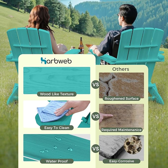 Folding Adirondack Chair with Wood Texture, Plastic Adirondack Chairs with 2 Cup Holder, HDPE All-Weather Fire Pit Chairs,Outdoor Lawn Chair for Patio Garden (Lake Blue)
