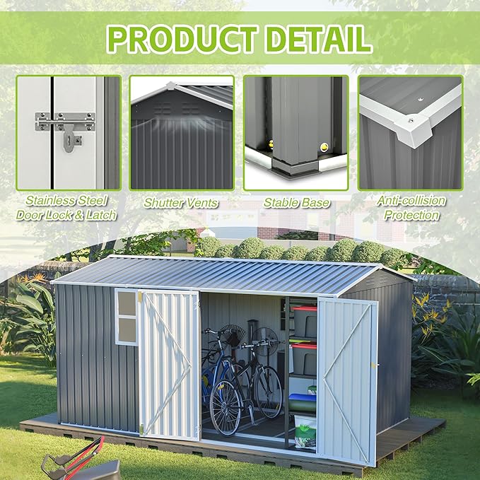 8×12 Ft Metal Outdoor Storage Shed with Floor Base and Window, 0.25mm Galvanized Steel Metal Garden Shed Waterproof with Lockable Door for Backyard, Patio, Garden, Dark Grey