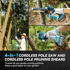 SEESII 4-in-1 Pole Saw & Pruning Shears Combo Kit, 6 Inch Mini Chainsaw for Tree Trimming, Battery Powered Chain Saw with Extension Pole, Limb Branch Cutter Pruner with 2 x 4000mAh Batteries