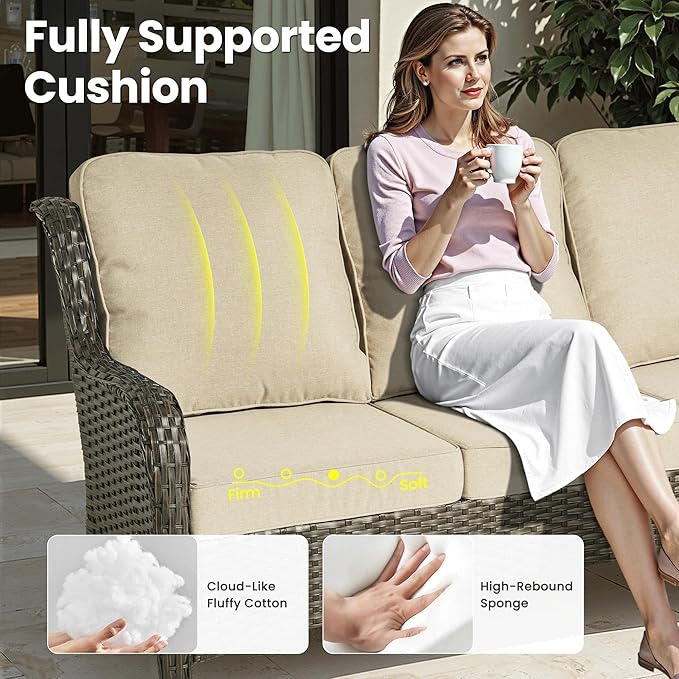 ovios 7 Pieces Patio Furniture Set, Outdoor Wicker Sofa Couch with Swivel Chairs 54" Fire Pit Table, High Back All Weather Modern Conversation Sets, Brown Rattan, Beige