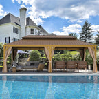 MELLCOM 12'x24' Hardtop Gazebo, Wood Grain Aluminum Frame with Galvanized Steel Double Roof, Outdoor Gazebo with Curtains and Nettings for Patio, Backyard and Deck