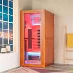 Woodbridge Infrared Home Sauna Room 1 Person Hemlock Wooden Indoor Sauna with 7 Carbon Heaters, Red Light Therapy, Bluetooth Speaker, Intelligent Control Panel, Tempered Glass & Top Vent