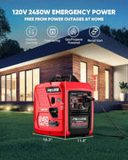 2450-Watt Dual Fuel Inverter Generator for Home Use, 1.6Gallon Large Fuel Tank Up to 8.3 Hours Use, 120V Gas Powered Generator Super Quiet - EPA Compliant, Red