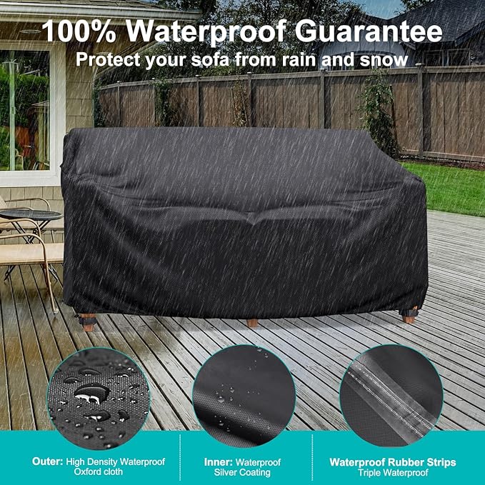 Patio Sofa Cover Waterproof - Heavy Duty 3-Seater Outdoor Couch Cover Patio Furniture Covers with Air Vent and Handles, 104" L×40" D×35" H, Black