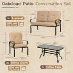 4-Piece Outdoor Metal Furniture Sets Patio Conversation Set Wrought Iron Loveseat, 2 Single Chairs, Coffee Table with Cushion, Lawn Front Porch Garden, Brown