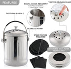 RED FACTOR Premium Compost Bin for Kitchen Countertop - Stainless Steel Food Waste Bucket with Innovative Dual Filter Technology - Includes Spare Filters (Brilliant Steel, 1.3 Gallon)