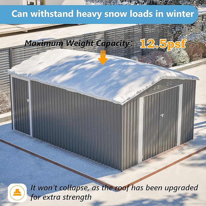 10x14 FT Outdoor Metal Storage Shed, Large Garden Shed Tool Shed with 3 Lockable Doors & Side Door, Waterproof Yard Building with 4 Air Vents for Backyard, Patio, Light Gray