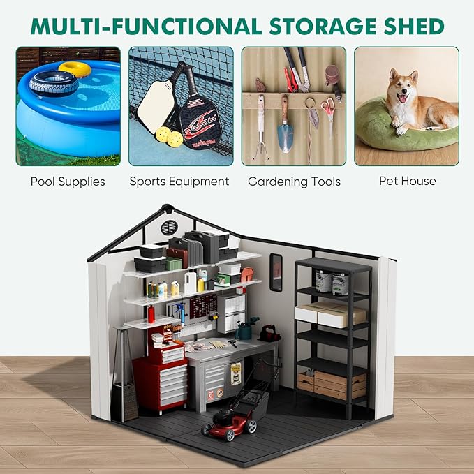 8x6 Resin Outdoor Storage Shed with Floor, Plastic Tool Shed for Gardening, Patio, and Deck, White/Gray