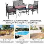 4-Piece Patio Furniture Set, Weather-Resistant Rattan Patio Conversation Set with Two-Tier Coffee Table, Upholstered Openwork Wicker Furniture for Porch, Garden, Lawn, Red