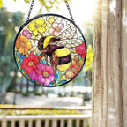 kdqua Bee Floral Suncatcher Stained Glass Window Hanging, Colorful Floral Bumblebee Sun Catchers Indoor Window Glass Round Wall Decor, Bee Wall Art Hanging Decorations Statues, 7.9x7.9in
