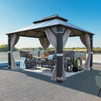 YOLENY 10'x12' Hardtop Gazebo, Outdoor Double Roof Aluminum Composite Gazebos with Curtains and Netting for Patio, Lawn, and Garden