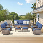 9 Pieces Patio Furniture Set Outdoor Sectional Sofa Couch with Rocking Swivel Chairs 5" Deep Seat Chairs, Modern Wicker Rattan Conversation Set, Blue/Gray Wicker
