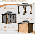 Domi 8' x 10' Hardtop Gazebo Permanent Metal Gazebo with Galvanized Steel Double Roof, Curtains and Netting for Party, Wedding, Outdoor Dining, Patio, Backyard, Brown