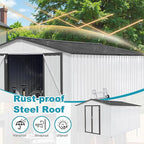 Sheds & Outdoor Storage 12 ft × 10 ft Storage Shed Large Classic Apex Roof Metal Garden Storage Sheds with Hinged Door Tool Cabinet for Backyard, Patio, Poolside, White + Gray