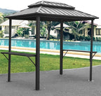 Domi Grill Gazebo 8' × 6', Outdoor Aluminum Frame BBQ Gazebo with Shelves Serving Tables and Hooks, Permanent Double Roof Gazebos for Patio Lawn Deck Garden (Dark Grey)