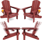 SERWALL Folding Adirondack Chair Set of 4, Adjustable Adirondack Chair with 3 Recline Positions, All Weather HDPE Outdoor Adirondack with Cup Holders, Red