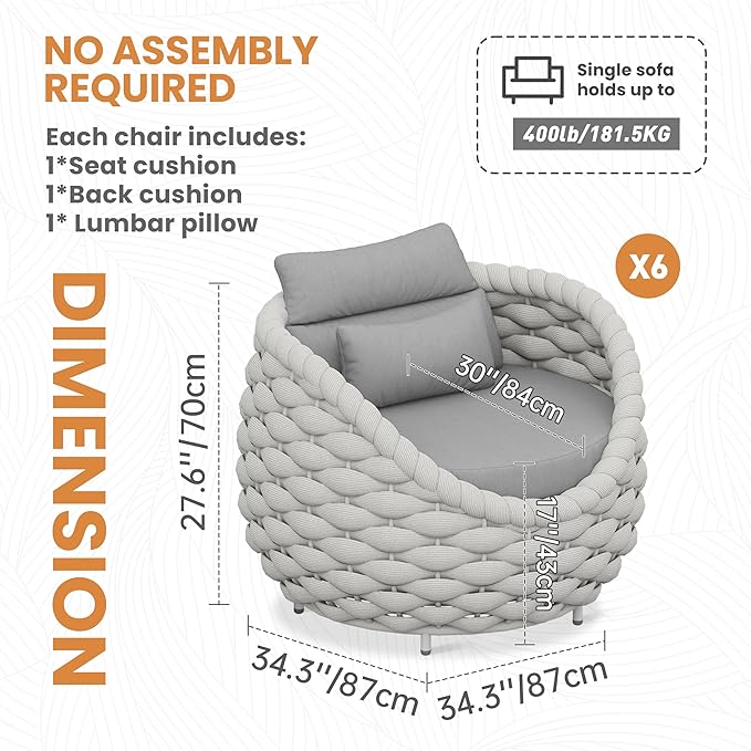 Patio Accent Chairs Set of 6: Aluminum Porch Lounge Chair with Arms - Woven Rope Cushioned Armchair - Modern One Seater Chair - Outdoor Deck Furniture for 400lbs Balcony Lanai Garden Hotel, Gray