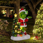 Green Monster Solar Garden Statue with Christmas Tree and 6 LED Lights - Outdoor Figurine - Glossy Resin - Waterproof - Spot Clean - Christmas Decor