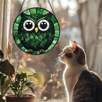 Stained Glass Window Hanging - Green Owl Suncatcher for Doors Garden Patio Funny Bird Sun Catchers Decor Christmas Mother's Day Birthday Teenager Gifts for Women Men Mom Nana Friend 6.3 in