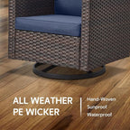 6 Piece Wicker Patio Furniture Set - Outdoor Swivel Rocker Chairs Set with Side Table, 3 Seat Sofa and Ottomans, Small Patio Conversation Sets Proch Furniture for Balcony Deck - Brown/Blue