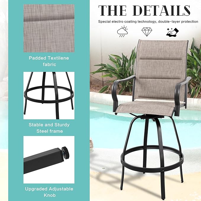 Vongrasig 6 Piece Outdoor Patio Swivel Bar Chairs, All Weather Padded Sling Textile High Top Bar Stools, Bistro Set for Backyard, Lawn Garden, Balcony, Gray