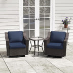 3 Pieces Patio Conversation Furniture Set - 2 Swivel Chairs, 1 Side Table, Outdoor Wicker Rocking Glider Armchairs with Washable and Water-Resistant Cushions for Balcony, (Navy Blue)