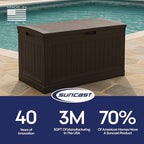 Suncast 80-Gal. Waterproof Resin Large Outdoor Patio Deck Box with Pad-Lockable Lid, Modern Outdoor Patio Bench/Storage Box for Cushions, Garden Tools, and More, Java