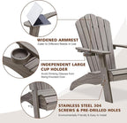 Psilvam Oversized Adirondack Chair, Fade-Resistant & Odor-Free Poly Lumber Fire Pit Chairs with Cup Holder, Weatherproof Lawn Chair, Easy 15 Min Install Patio Chair, 350 Lbs Support (2, Light Gray)