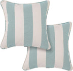 Outdoor Throw Pillow with Insert 18x18 Inch, Set of 2, Piping Edge Waterproof Fade Resistant Decorative Fluffy Pillows for Patio Furniture Chair Bench Couch Sofa - Teal Ivory Striped