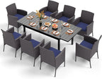 PHI VILLA 9 Piece Outdoor Dining Table Set for 8, Expandable Rectangular Metal Dining Table and Cushioned Rattan Chairs Furniture for Patio, Deck, Porch, Backyard