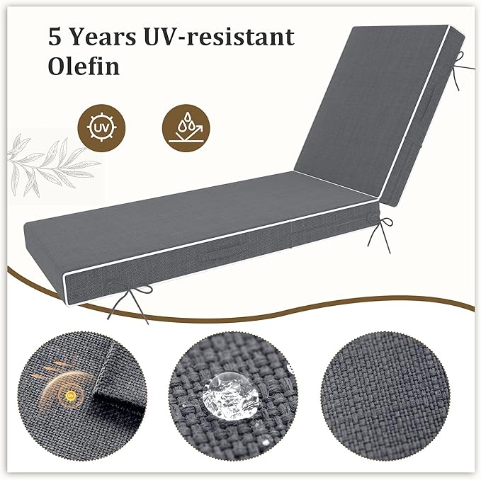 Chaise Lounge Cushions Outdoor Furniture 72 x 21 Inch Olefin Patio Lounge Chair Cushions 4'' Thick Waterproof Outdoor Chaise Cushion Weather Resistant Pool Lounger Cushion (Gray)