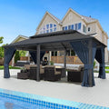 Gotland 2024 New 12' x 20' Hardtop Gazebo, Outdoor Iron Metal Double Roof Pergola with Curtains and Netting for Patio, Garden, Lawn, Navy