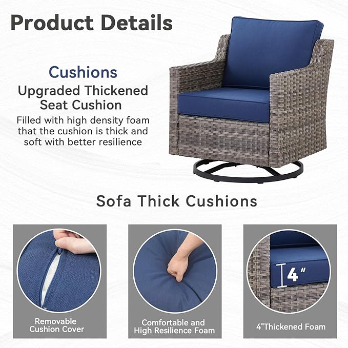 Patio Furniture Set, 9 Pieces Outdoor Wicker Rattan Sofa Couch with Swivel Rocking Chair, Side Table, Ottomans and Comfy Cushions, All Weather Patio Conversation Sets, Suit for Porch Deck