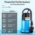 FOTING Sump Pump 1HP Automatic Submersible Water Pump, 4600GPH Utility Pump Thermoplastic Electric Portable Transfer Water Pump for Swimming Pool Garden Pond Basement with 16ft Long Power Cord