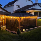 PURPLE LEAF 10' X 12' Outdoor Hardtop Gazebo for Patio Galvanized Steel Double Roof Permanent Canopy Teak Finish Coated Aluminum Frame Pavilion Gazebo with Netting and String Lights