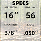 16 Inch Chainsaw Bar and Chain Combo - 56 Drive Links .050" Gauge, 3/8" Pitch, 16" Chain Low-Kickback Chainsaw Chains Compatible with Craftsman, Echo, Homelite, Poulan (2Chain+1Bar)