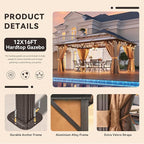 Aoxun 12'x16' Hardtop Gazebo, Aluminum Frame Permanent Pavilion with Netting and Curtains, Outdoor Polycarbonate Double Roof Canopy, Designed for Lawn, Garden, Patio (Brown)