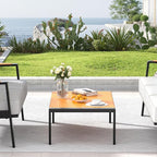 Aluminum Outdoor Coffee Table - Black Rectangle Patio Tables with Teak Top for Deck, and Poolside