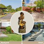 Freestanding Outdoor Fountain - Garden Water Feature with LED, Cascading Jar & Faux Wood Design for Patio/Backyard