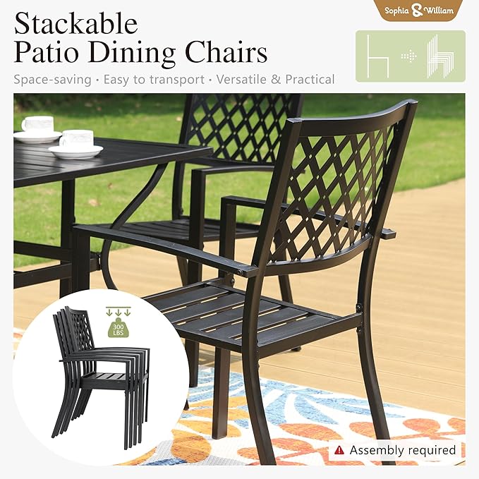 Sophia & William Metal Outdoor Patio Dining Set 6 PCS with 10ft 3 Tier Auto-tilt Umbrella(Beige), 4 x Metal Outdoor Chairs, 1 x Square 37"x 37" Dining Table and 1 Patio Umbrella