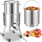 ARC 64QT Seafood Boiling Kit, 200,000BTU Stainless Steel Propane Burner And Crawfish Boil Pot With Strainer, Wheeled Legs and 360°Windscreen For Outdoors Cooking and Steaming, Large Turkey Fryer Pot