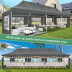 COBIZI 10x30 Pop Up Canopy Party Tents for Parties Waterproof Outdoor Event Shelter with 8 Sidewalls Camping Commercial Wedding Portable Easy to Set up Gazebo Tent for Backyard, Grey