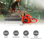 COOCHEER Gas Chainsaw Powered, Upgraded 62CC 3.5-HP 2-Cycle 20 Inch Chainsaw Gas with Carrying Bag & Tool Kit, Chainsaws Gas powered for Trees Wood Cutting and Tree Trimming(Limited Orange Version)